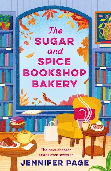 Cover of the Sugar and Spice Bookshop Bakery Which Shows a cozy bookshop with a large window