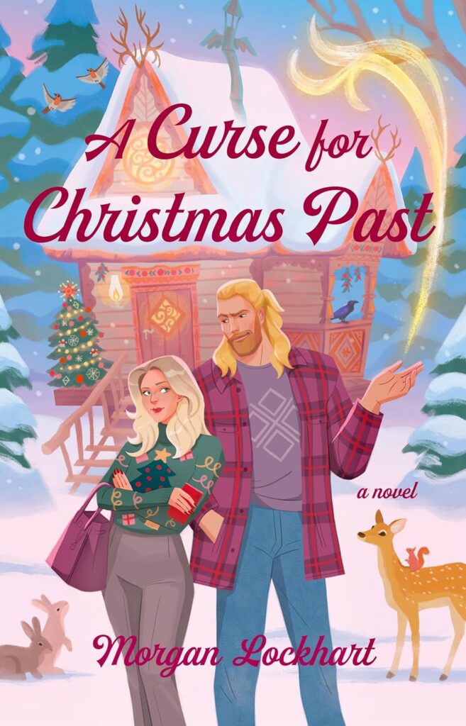 Cover of A Curse for Christmas Past, which shows a couple in front of a cozy winter cottage