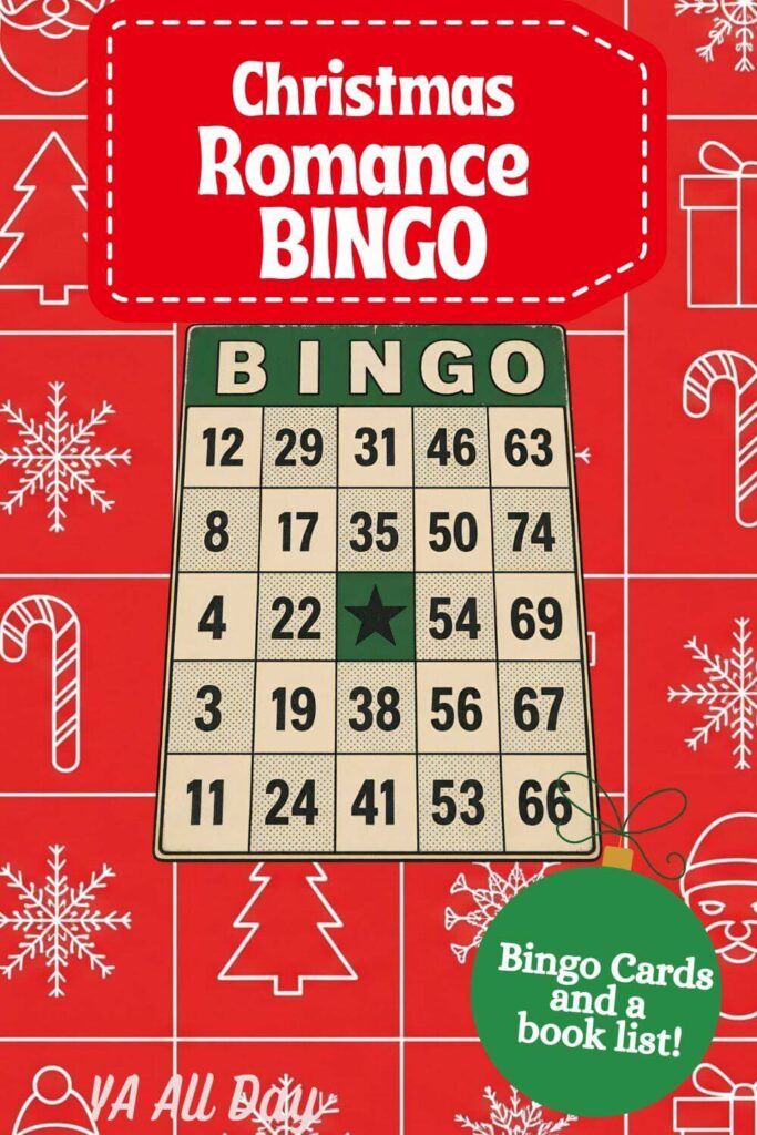 Christmas Romance Book Bingo Holiday Reading Challenge a red backdrop with snowflakes candy canes and trees and a bingo card on top