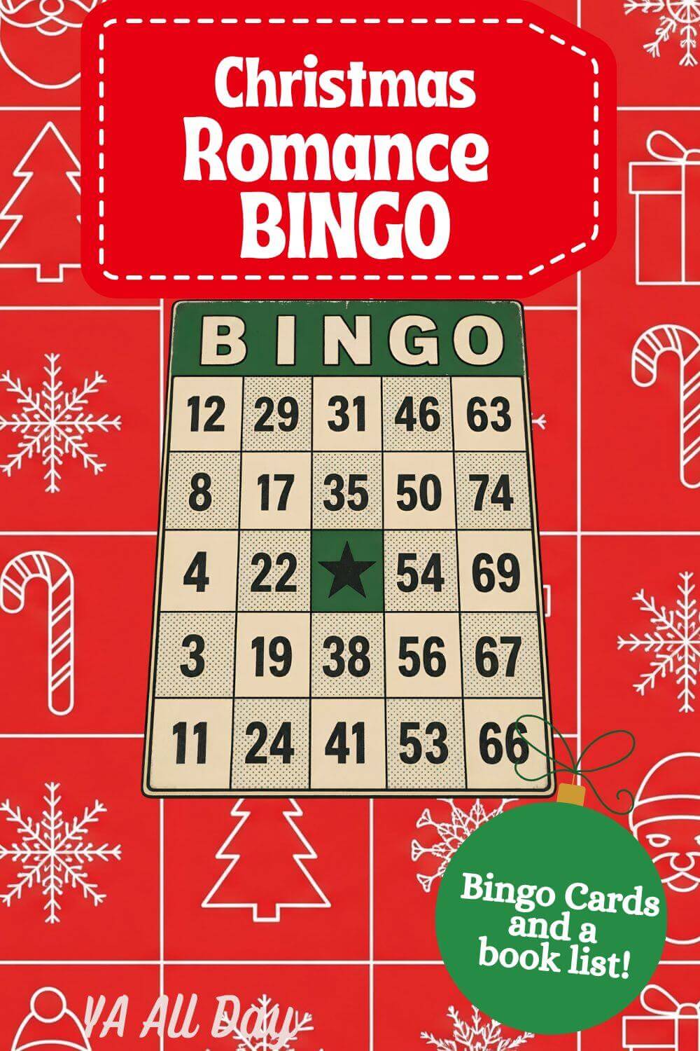 Christmas Romance Book Bingo Holiday Reading Challenge a red backdrop with snowflakes candy canes and trees and a bingo card on top