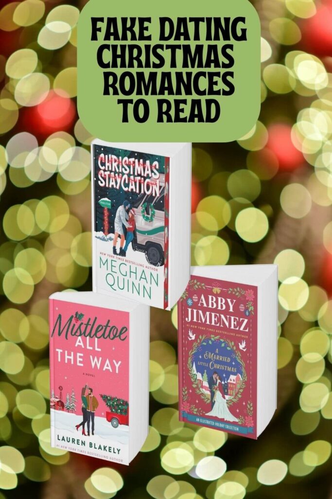 Photo collage of Fake Dating Christmas Romances against a backdrop of christmas lights