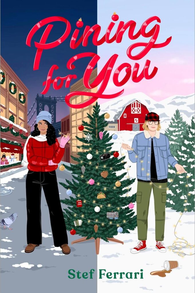 Pining for You by Stef Ferrari. A cover of a couple standing on either side of a Christmas tree