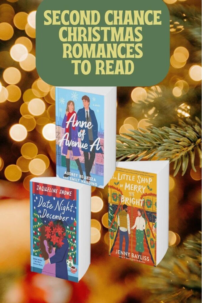 Photo collage of Second Chance Christmas Romances against a backdrop of christmas lights