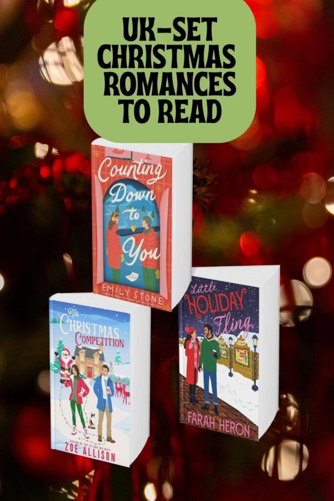 Photo collage of Christmas Romances set in the UK against a backdrop of christmas lights