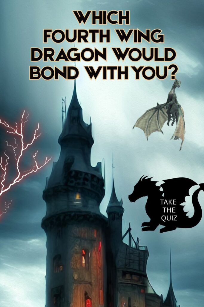Fourth Wing Dragon Quiz: A Picture of castle with a dragon flying overhead. For the quiz Which Fourth Wing Dragon Would Bond With You