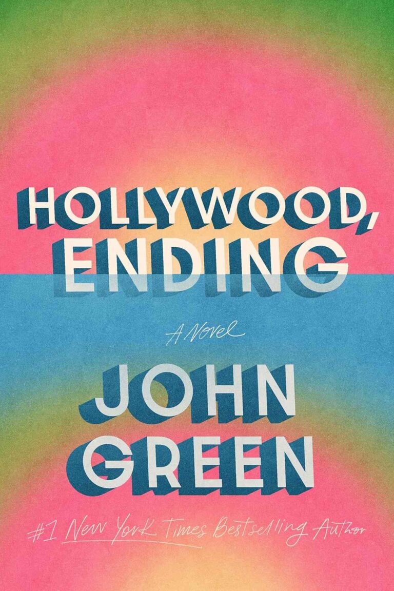 The cover of Hollywood Ending by John Green. The cover has a blue stripe through the middle and then mirror images of pink, yellow and green.