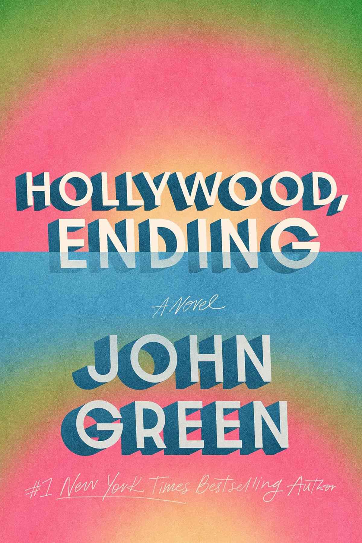 The cover of Hollywood Ending by John Green. The cover has a blue stripe through the middle and then mirror images of pink, yellow and green.