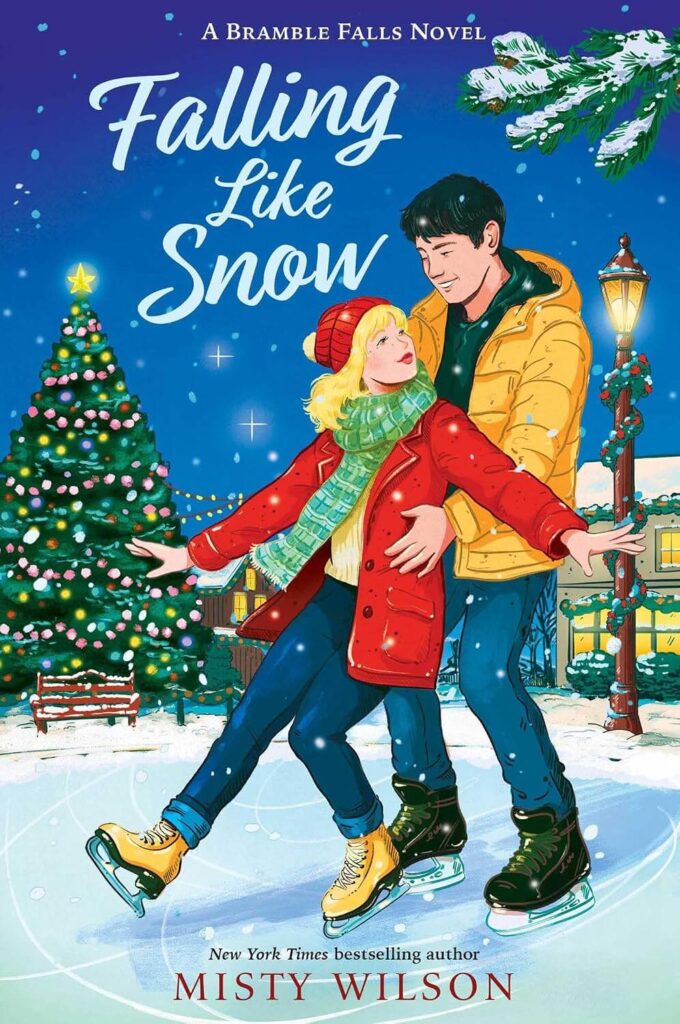 Cover of Falling Like Snow by Misty Wilson, which shows a couple ice skating. The blond girl falls back against the boy