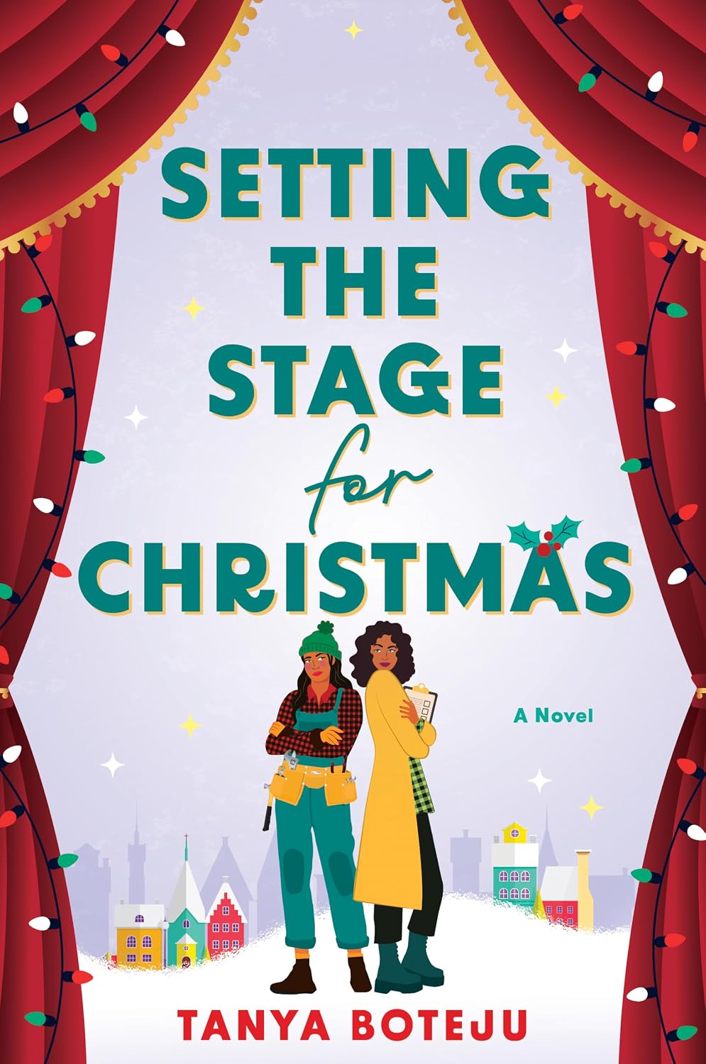 Cover of Setting The Stage for Christmas, which show two women standing back to back in the snow with curtains on either side of them
