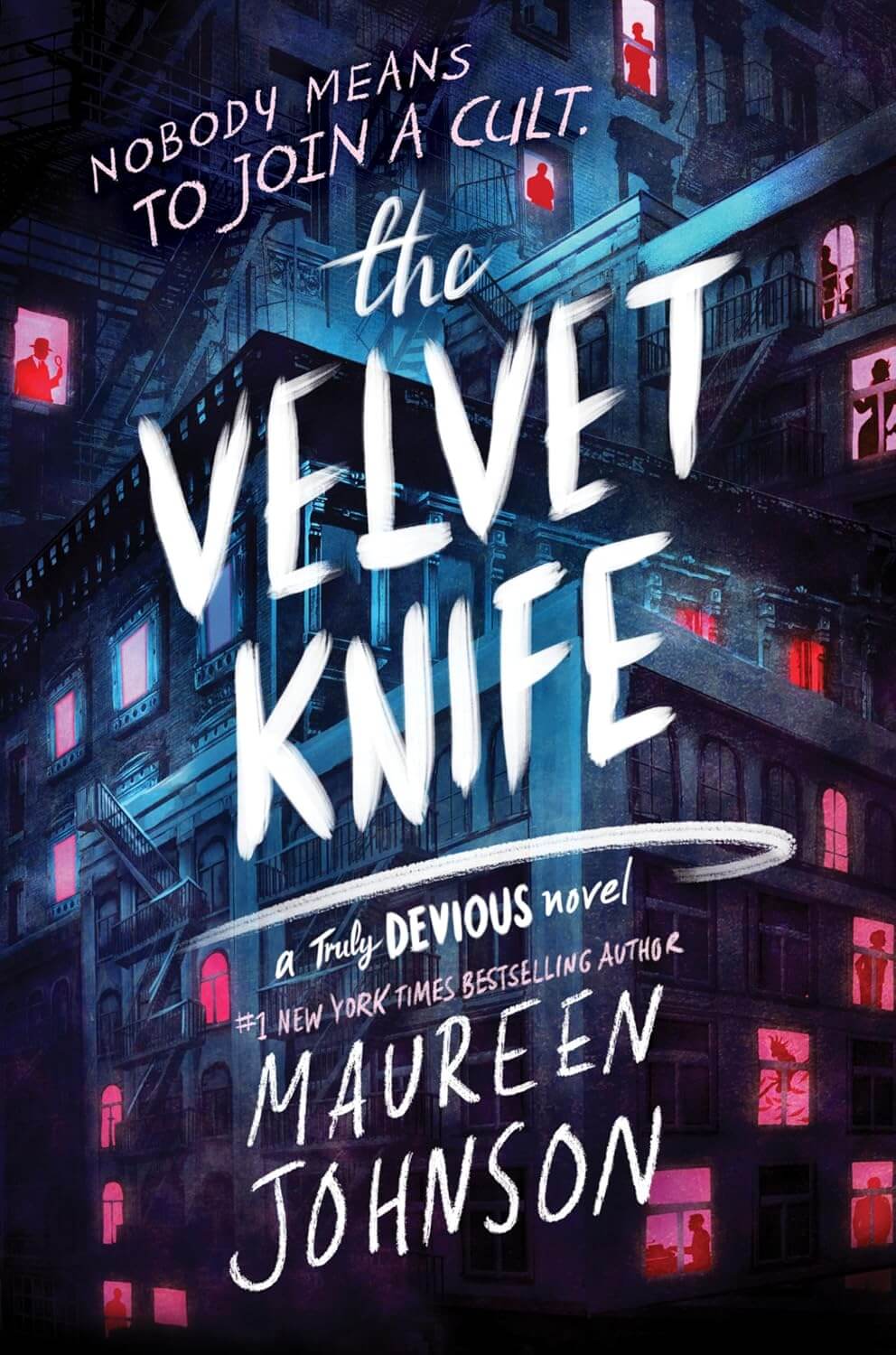 Cover of The Velvet Knife by Maureen Johnson which is a blue cover showing an apartment building with red figures inside the windows
